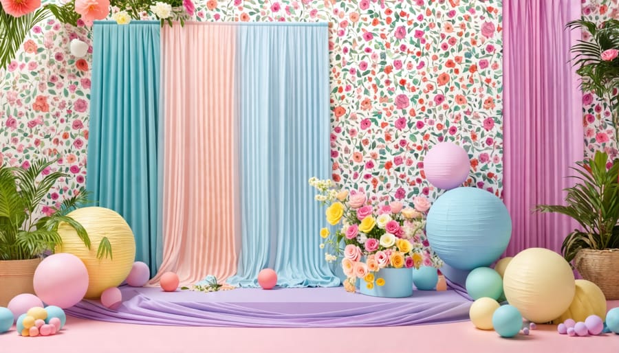 An array of colorful and textured backdrops for photography, including draped fabric, patterned wallpapers, pastel cardstocks, and a digital screen, with a photographer setting up for a creative photoshoot.