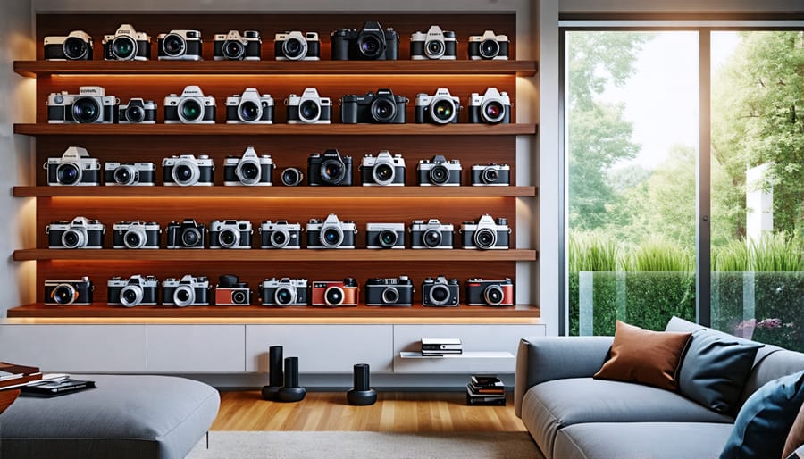 Vintage cameras displayed on wall-mounted shelves in a stylish living room.