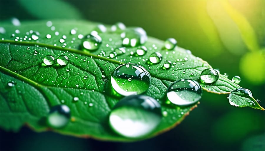 Close-up view of water droplets on a green leaf, reflecting the surroundings