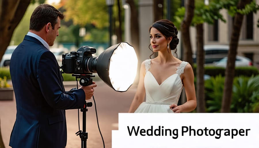 Wedding photographer utilizing an external flash with a diffuser attachment