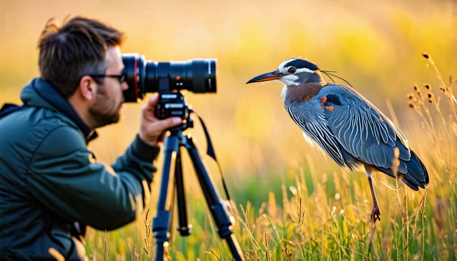 Photographer with telephoto lens capturing image of bird from afar