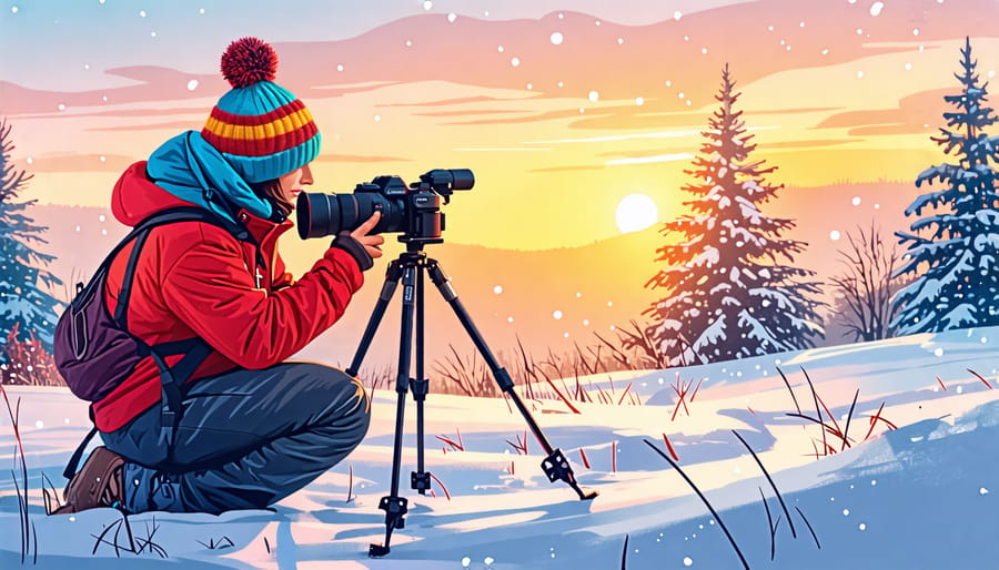 Photographer dressed in warm layers, using a protected camera on a sturdy tripod, capturing a snowy winter landscape at sunrise.