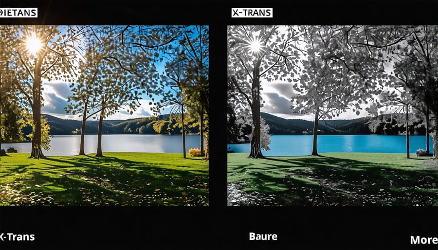 Comparison of X-Trans and Bayer sensor photos, demonstrating X-Trans advantages in reducing moiré and enhancing sharpness