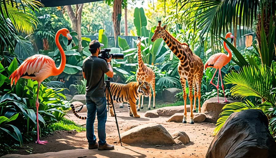 A wildlife photographer taking pictures of a tiger, giraffe, and flamingo at a zoo, demonstrating professional photography techniques with a telephoto lens in a diverse and lush habitat.