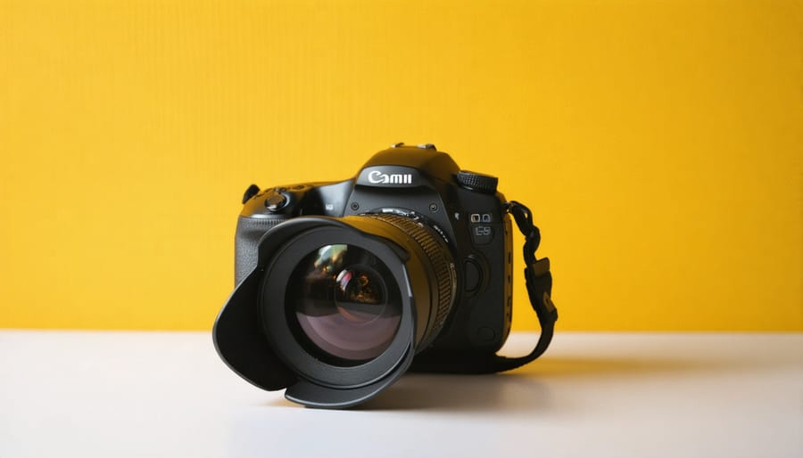 DSLR camera equipped with a cylindrical lens hood