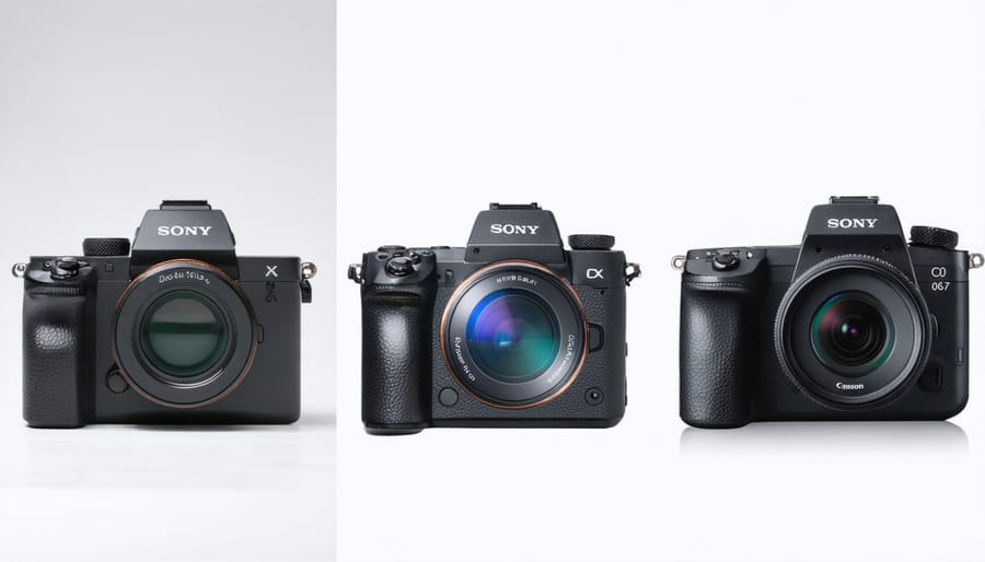 Sony A7 IV, Canon EOS R6, and Fujifilm X-T4 mirrorless cameras compared side-by-side