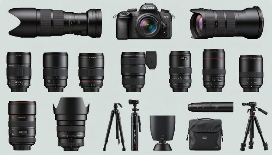 Collection of camera lenses and videography accessories