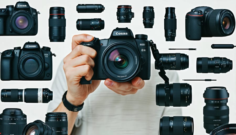 Collage illustration of photographer with different camera models and lenses