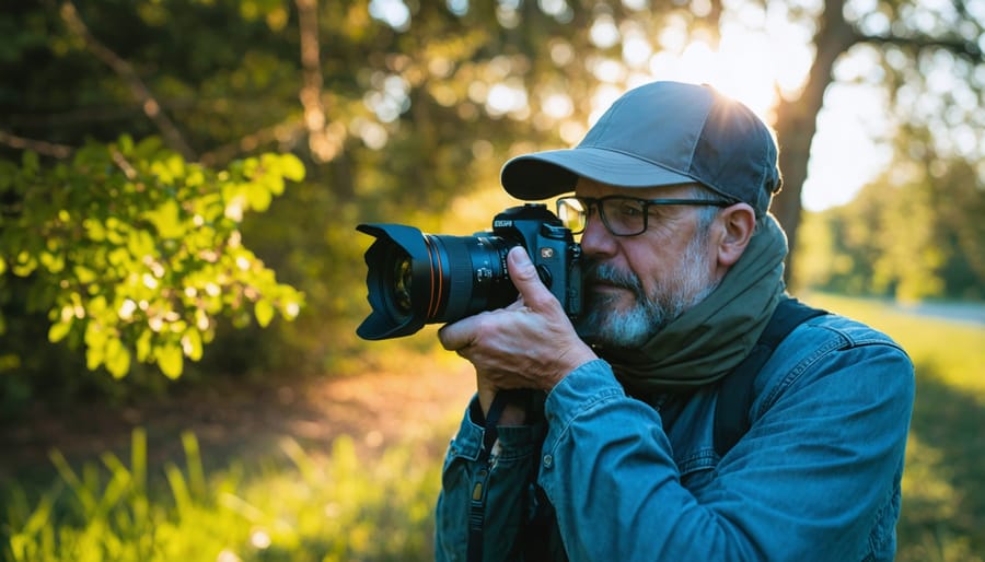 Photographer using a camera equipped with a sun hood for a backlit outdoor shot