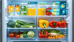 Inside view of a smart refrigerator displaying fresh produce and containers with overlays of a mobile app interface showing notifications for expiring items, recipe suggestions, and a shopping list.