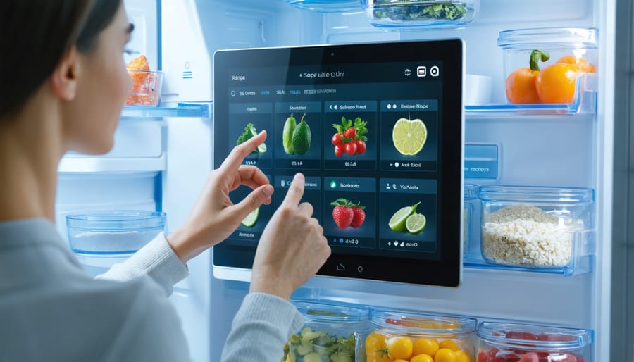 User interacting with smart refrigerator touchscreen to manage ingredients and recipes