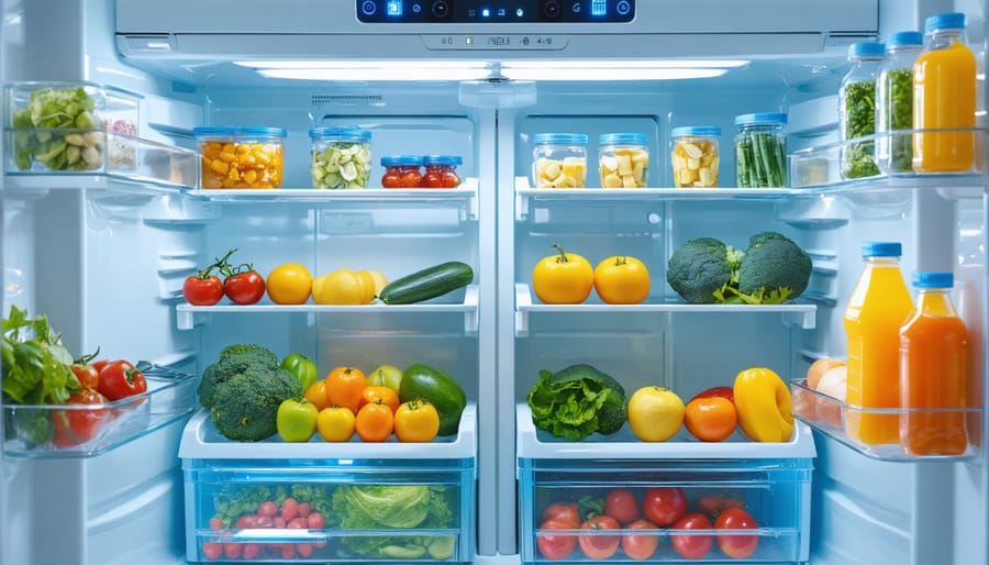 Smart refrigerator interior with cameras and neatly arranged food items