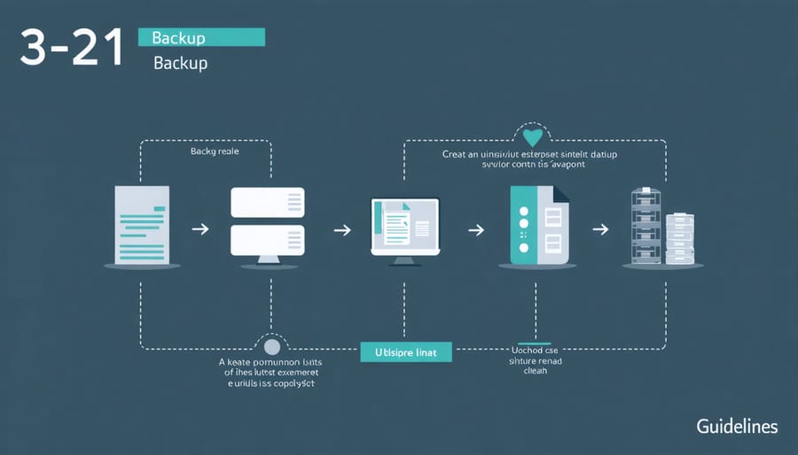 Diagram showing the 3-2-1 backup strategy: 3 copies of data, 2 different storage media, 1 copy stored offsite