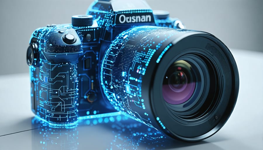 Conceptual illustration showing the integration of artificial intelligence algorithms into photo editing, depicting a camera surrounded by digital neural patterns.