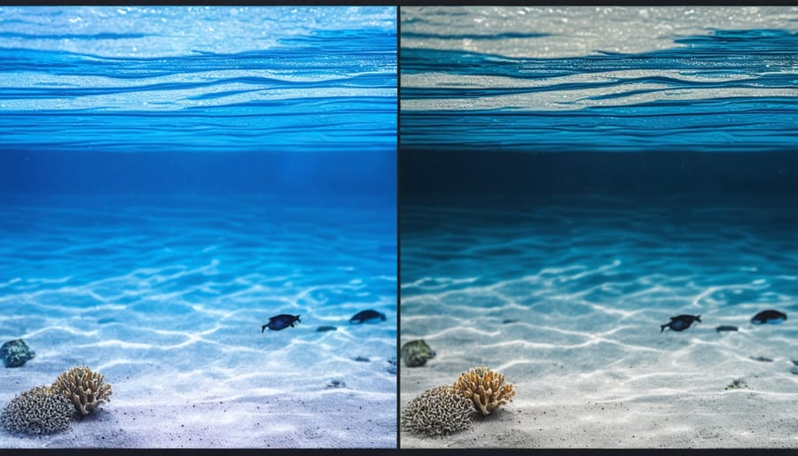 Side-by-side comparison demonstrating the effects of post-processing on an underwater photograph