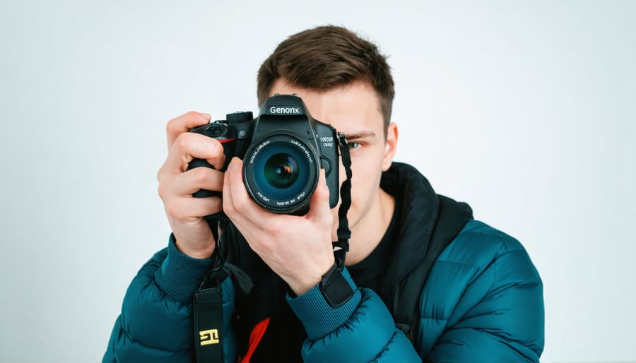 Beginner photographer using a DSLR camera to capture an image