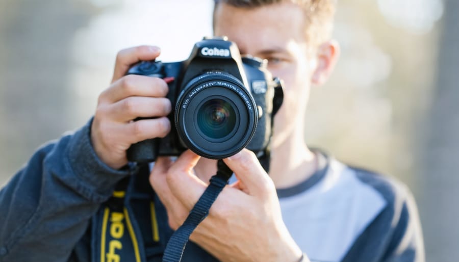 Beginner photographer capturing images with a DSLR camera equipped with a telephoto lens