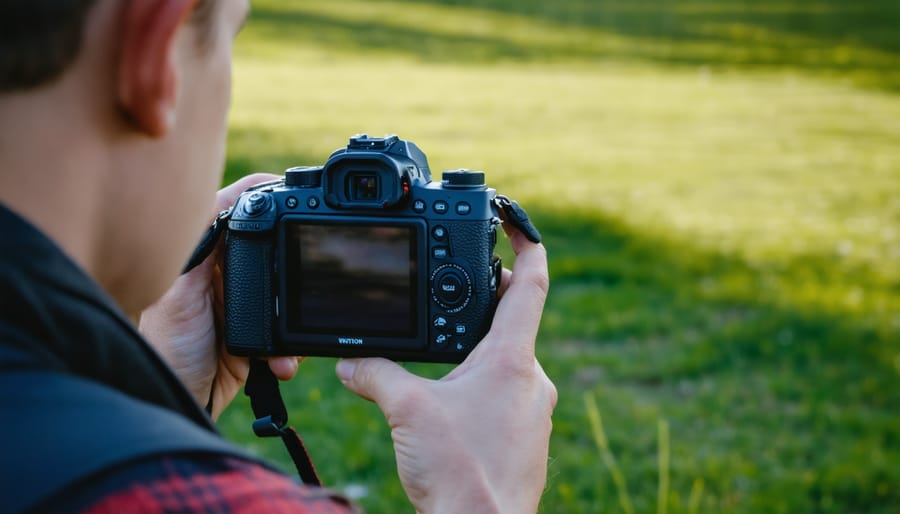 Beginner photographer using a mirrorless camera in an outdoor setting