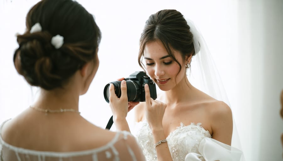 Candid photo of bride having makeup applied on wedding day