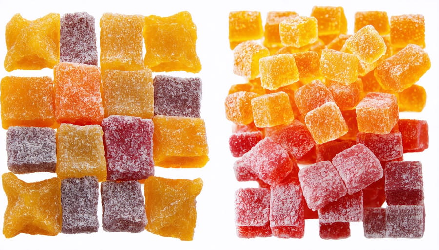 A side-by-side comparison illustrating freeze-dried candy photographs before and after advanced post-processing