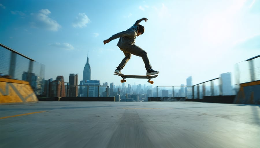 A skateboarder performing an aerial trick against a blurred urban background, highlighting sharp focus and dynamic movement.