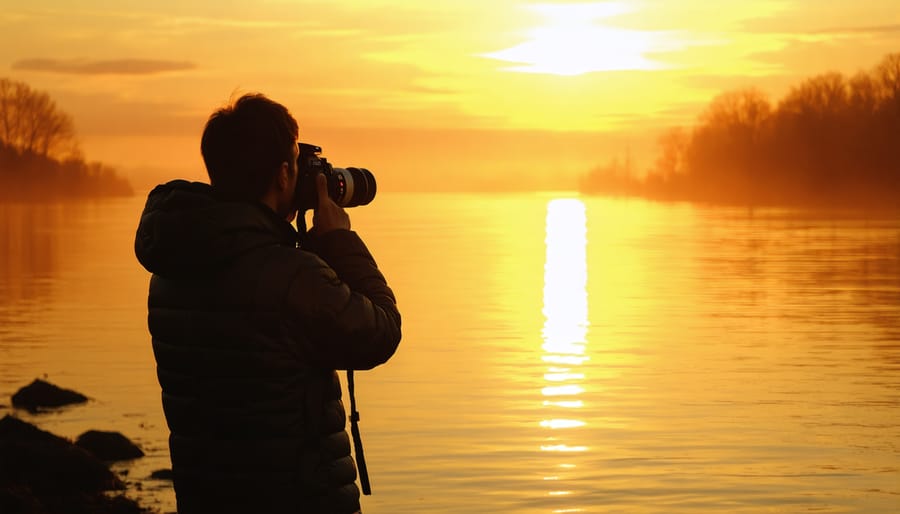 Silhouette of a photographer framing a vibrant sunset over a calm lake, highlighting the magical golden hour light.