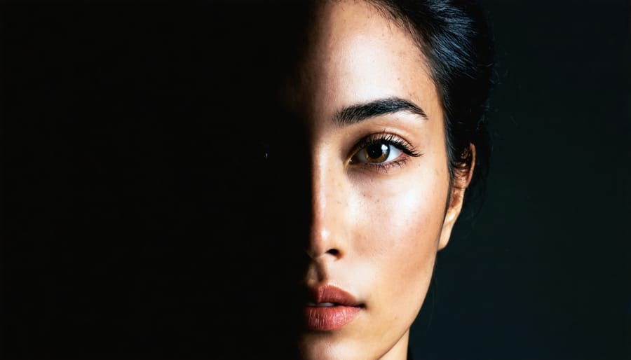 A striking portrait using dramatic chiaroscuro lighting with strong contrasts between light and shadow. The subject's face is half illuminated, showcasing intricate textures and depth, while the soft backlighting creates a halo effect against a dark background.