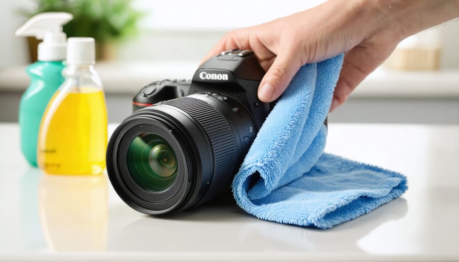 Hands carefully cleaning a camera lens using proper tools and techniques