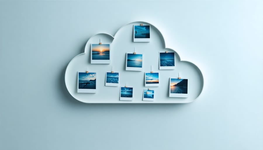 Illustration depicting the process of backing up photos to the cloud for remote storage and access