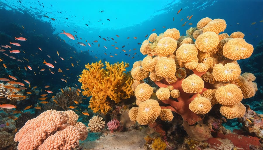 Vibrant underwater scene featuring a diverse coral reef ecosystem