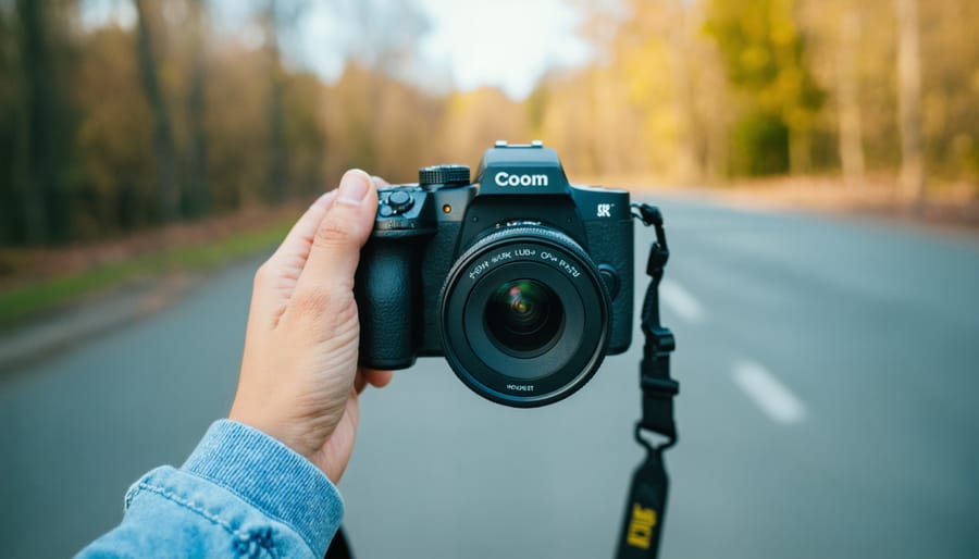 Minimalist mirrorless camera held in a hand, demonstrating its small size