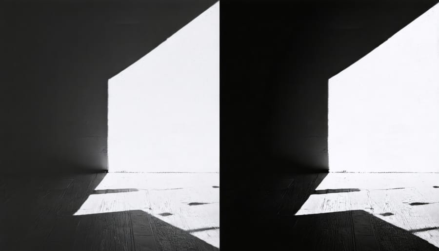 Two black and white photographs demonstrating the visual effects of high contrast and high grain