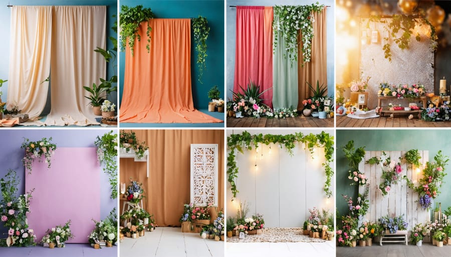 A colorful collage showcasing a variety of DIY photo backdrops, including hanging fabrics, rustic wood with greenery, origami paper designs, and vintage frames, illustrating the creativity and versatility in photography.