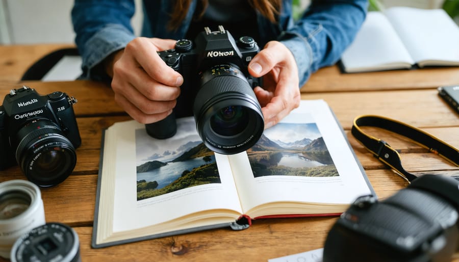 A seasoned photographer guiding a passionate student through camera settings, symbolizing the journey of growth and creativity in photography through mentorship.