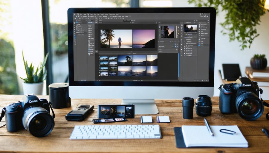 A modern digital workspace with photography editing software on a computer screen, surrounded by a camera, memory cards, and a notebook, illustrating an organized and efficient photography workflow.