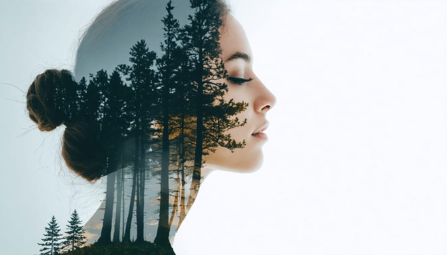 Artistic double exposure portrait of a woman merged with tree branches