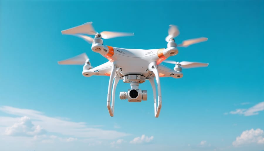 Drone with camera flying over a picturesque landscape