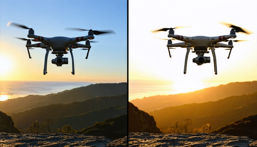 Comparison of drone photos captured in different lighting conditions