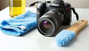 Professional camera surrounded by cleaning tools including a microfiber cloth, blower brush, and cleaning solution, illustrating essential maintenance practices.