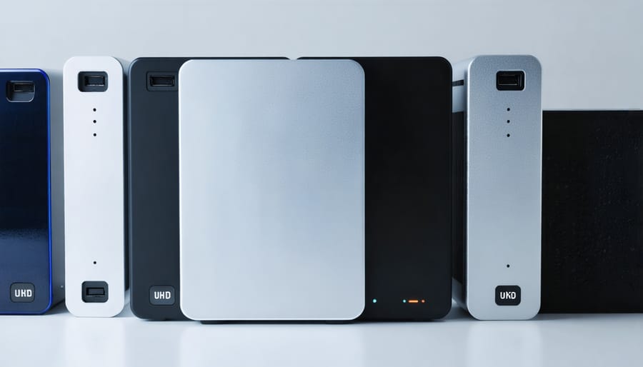 Several external hard disk drives of various sizes, representing backups of photo files