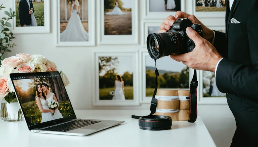 Wedding photographer in a studio reviewing images on a laptop and holding a camera, with framed wedding photos and a bouquet in the background.