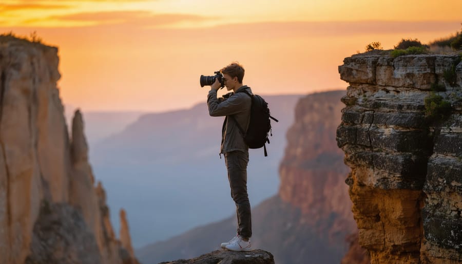 A young photographer captures a stunning landscape at golden hour, symbolizing the journey to a successful photography business.