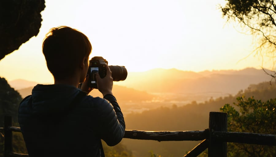 Photographer capturing landscape during golden hour with warm, directional light