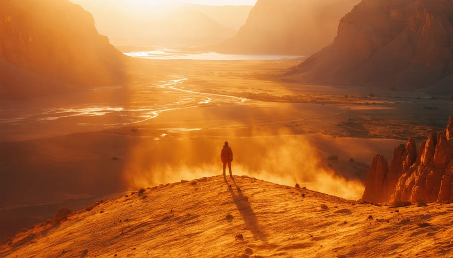 Dramatic aerial view of a golden hour landscape, featuring a small human figure amidst a vast valley illuminated by warm sunlight, highlighting depth and grandeur.