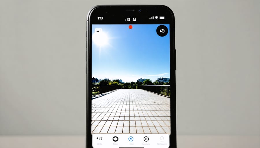 iPhone camera app interface with composition and exposure features highlighted