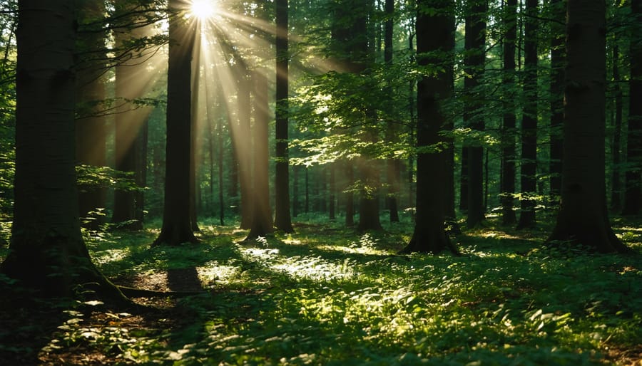 Sunlight filtering through a dense forest canopy, illustrating the dynamic interplay of light and shadow during golden hour.