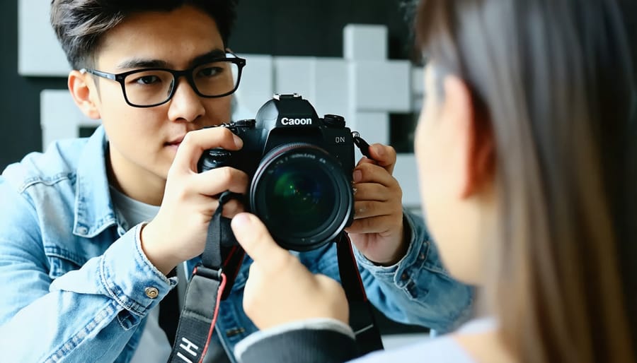 Photography mentor explaining camera techniques to an eager student