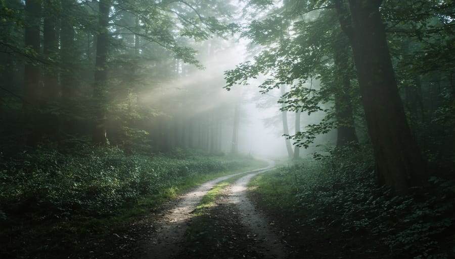 Atmospheric misty forest landscape with a path leading into the scene