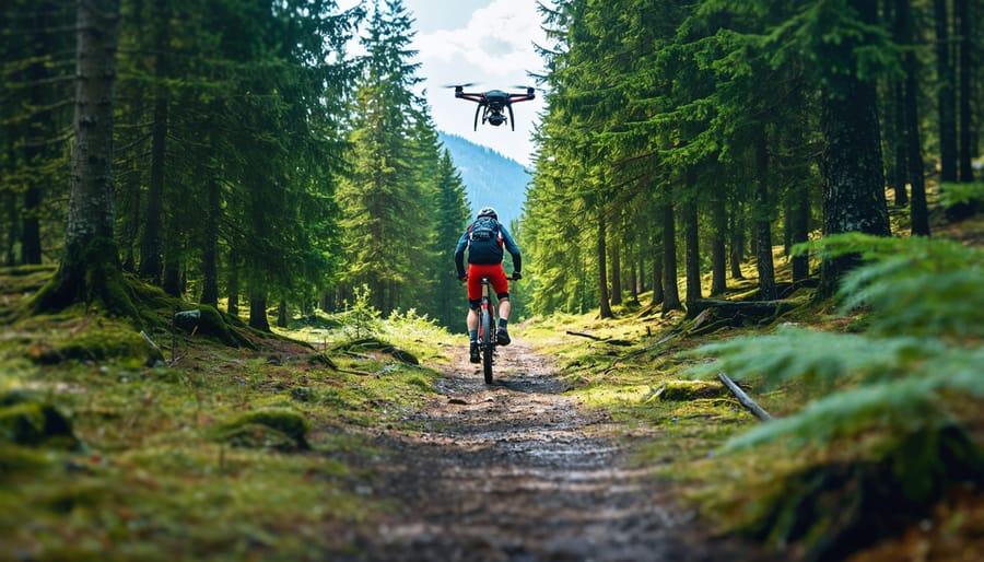 Dynamic drone photo following a mountain biker on a scenic forest trail