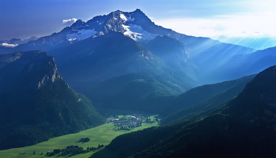 Breathtaking drone shot of a mountain landscape at sunset